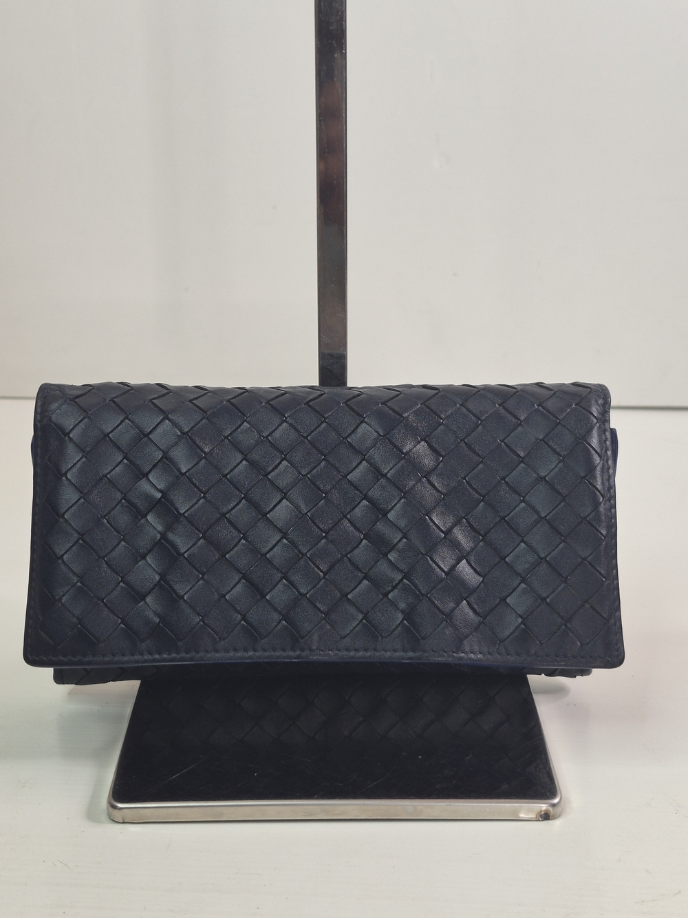 Bottega Veneta Leather Fold-Over Clutch in Navy